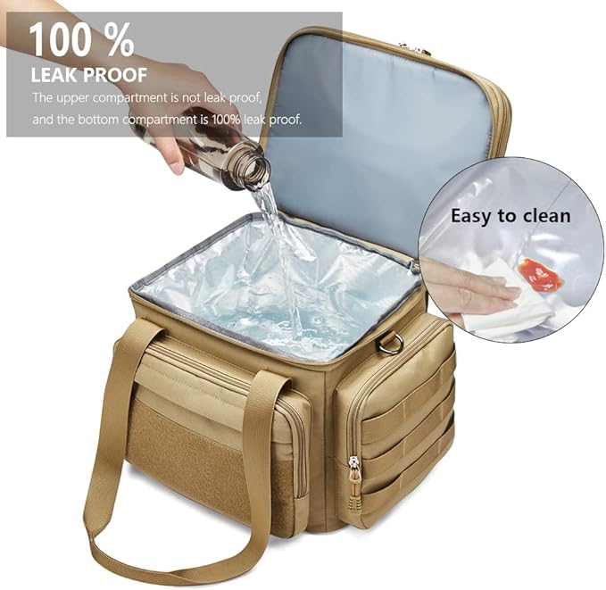 Tactical Lunch Box for Men, Insulated Lunch Bag Adult, Thermal Lunchbox Leakproof Waterproof Cooler Bag, Dual Compartment Lunch tote, Large Lunch Pail for Work Office Travel(Khaki) 15L