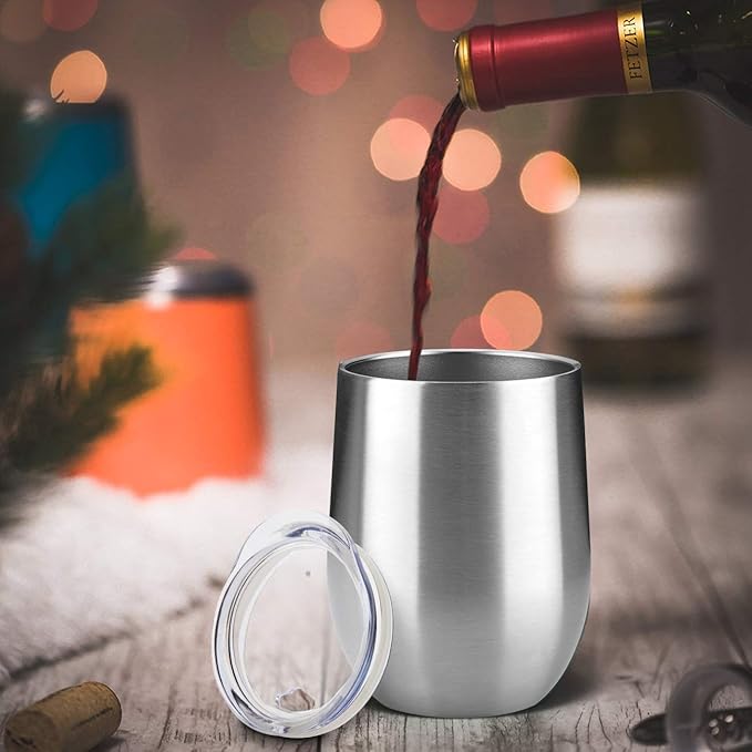MEWAY 12oz/4 Pack Wine Tumbler Glasses with Lid - Stemless Double Wall Vacuum Stainless Steel Travel Tumbler - Keeping Cold & Hot for Wine,Coffee,Cocktails,Drinks-Family and Gifts (Silver,Set of 4)