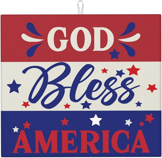 Patriotic God Bless America July 4th Drying Mat 16x18 Inch For Kitchen Counter Drying Mats Dish For Kitchen Counter Easy Clean Kitchen