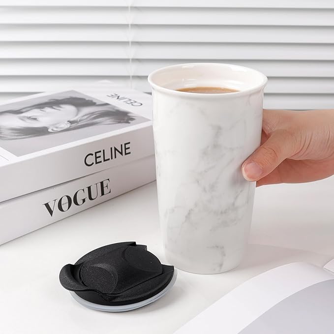 ANTIS'S HOME Ceramic Coffee Mug with Lid, Marble Double Wall Coffee Travel Mug Ceramic Tumbler 12 oz, Reusable Tall Cup, Splash Resistant Lid, Dishwasher Microwaveable Safe