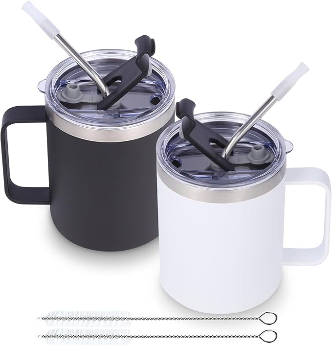 Volhoply 12oz Insulated Leakproof Coffee Mug with Flip & Straw Lid Bulk 2 Pack,Double Wall Vacuum Stainless Steel Travel Tumbler Cup with Handle,Reusable Camping Mugs Keep Cold/Hot(Assorted,2 Set)