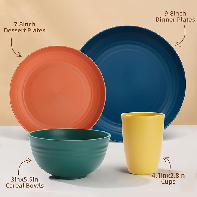 Wheat Straw Dinnerware Sets, Unbreakable Plates and Bowls Sets for 8, Reusable Plastic Plates and Bowls, 32Pcs Dishwasher Microwave Safe Plastic Dishes, Kitchen RV Camping Outdoor