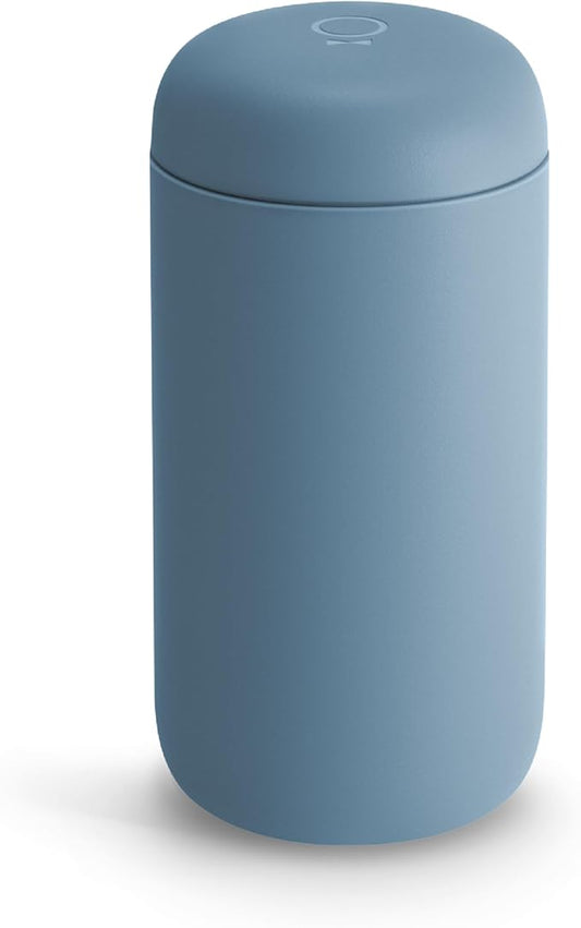 Fellow 12 oz Carter Move Travel Mug - Vacuum-Insulated Stainless Steel Travel Coffee Mug - Coffee Tumbler with Ceramic Interior and Splash Guard - Hazy Blue