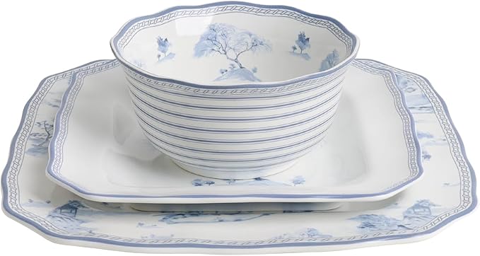 222 Fifth 12-Piece Porcelain Dinnerware Set for 4, Glossy White Plates and Bowls Set with Blue Decal, Elegant Square Ceramic Dish Set, Kitchen Tableware, Microwave & Dishwasher Safe, Scenic Toile