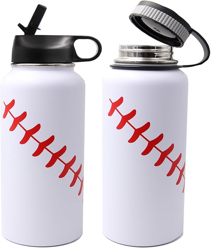 32 oz Baseball Water Bottle, Wide Mouth Sports Flask Metal Thermo Travel Mug with 2 Lids, Stainless Steel Double Wall Vacuum Insulated Water Bottles, Baseball Accessories Gifts for Mom Men Boys Girls