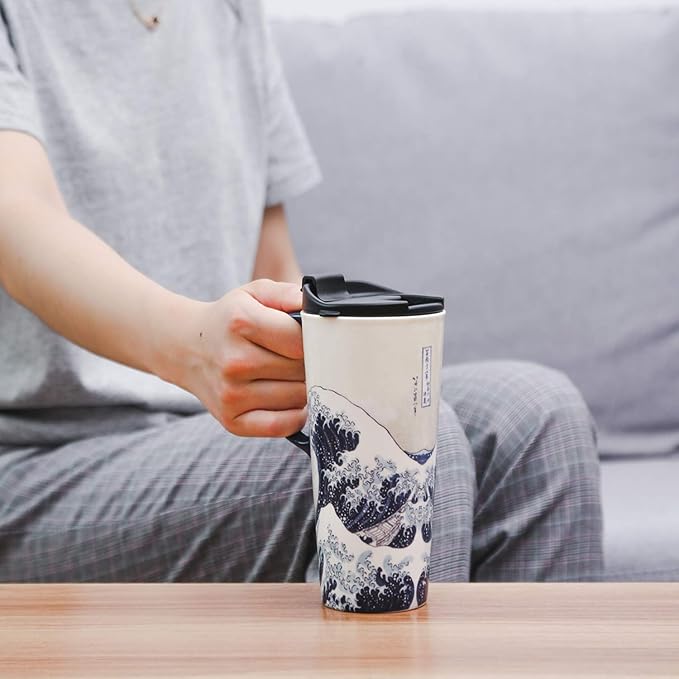 Topadorn Ceramic Travel Mug Porcelain Coffee Cup with Spill-proof Lid and Box, 17 Oz.