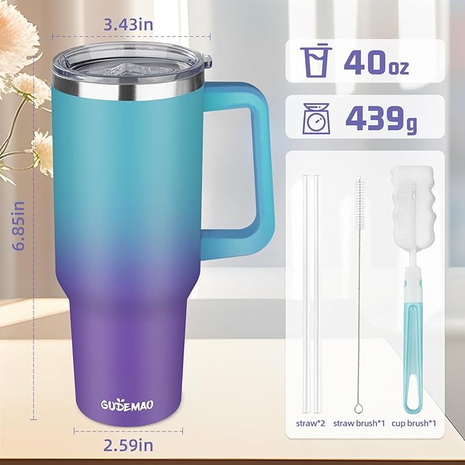 40 oz Insulated Coffee Mug with Ceramic Coating, Stainless Steel Travel Coffee Tumbler with Handle Lid and Straw, Double Wall Leak-Proof Coffee Travel Mug Keeps Drink Hot and Cold (Azure Purple)