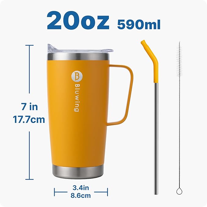 20 oz Insulated Tumbler with Handle Stainless Steel Travel Coffee Mug with Lid and Straw, Double Wall Tumbler Cups for Women and Men, BPA Free (Mango Yellow)