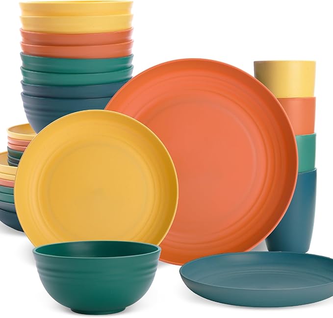 Wheat Straw Dinnerware Sets, Unbreakable Plates and Bowls Sets for 8, Reusable Plastic Plates and Bowls, 32Pcs Dishwasher Microwave Safe Plastic Dishes, Kitchen RV Camping Outdoor