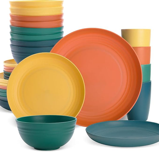 Wheat Straw Dinnerware Sets, Unbreakable Plates and Bowls Sets for 8, Reusable Plastic Plates and Bowls, 32Pcs Dishwasher Microwave Safe Plastic Dishes, Kitchen RV Camping Outdoor
