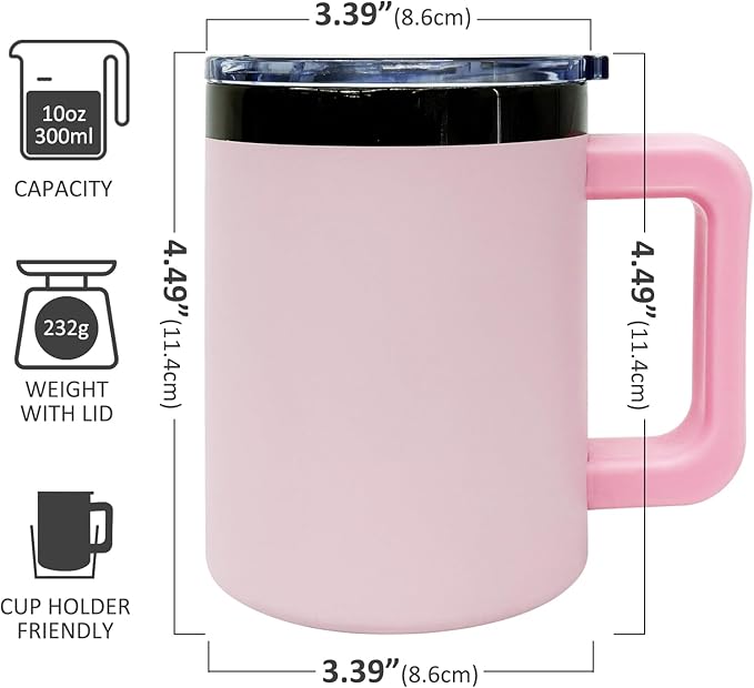 10 oz Tumbler with Handle and Straw Stainless Steel Insulated Coffee Mug for Laser Graving Powder Coated Cup with Black Plated(Pink,1 pack)