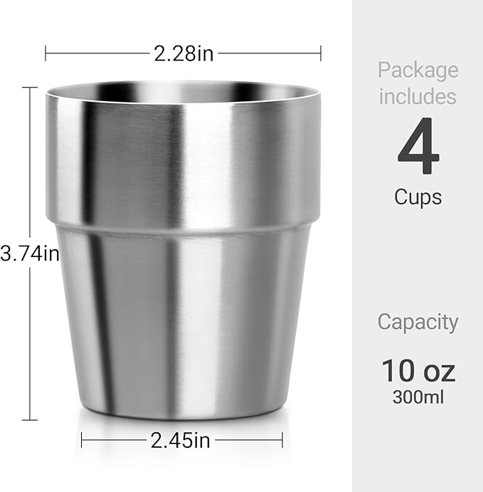 Beasea Stainless Steel Insulated Cup, 10 oz Stackable Stainless Steel Cups Set of 4, Small Metal Cup Double Wall Vacuum Insulated Drinking Cups Glasses for Home Restaurant Office Camping Party