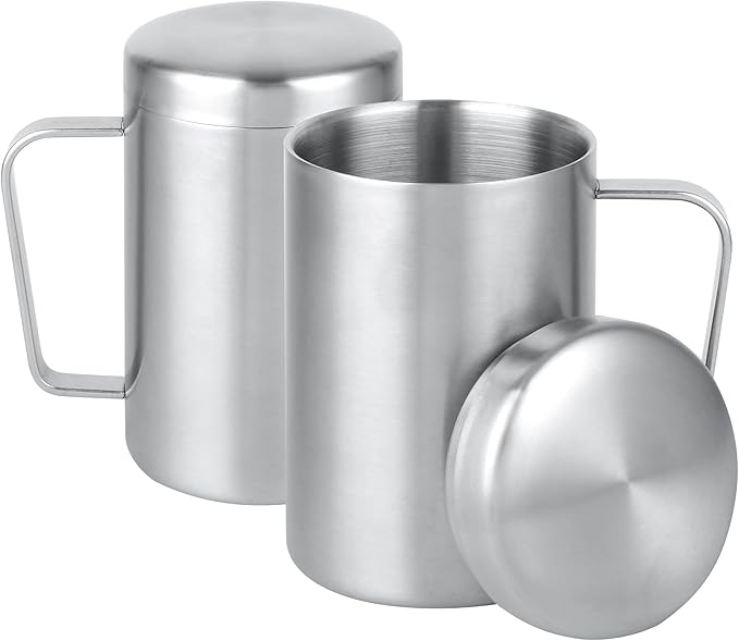 17 oz Stainless Steel Double-Walled Mugs – Insulated Coffee & Tea Cups with Handles and Lids for Camping and Everyday Use – Set of 2