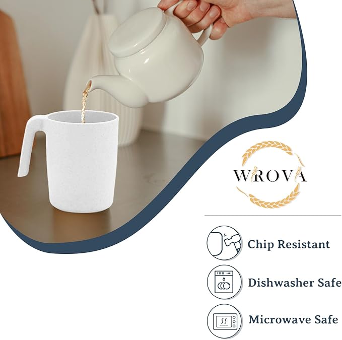 Wrova Wheat Straw Cups with Handles 16oz -Plastic Cups Reusable Set of 6-Unbreakable Coffee Mugs- Microwave & Dishwasher Safe Mug-Ideal Plastic Mugs for Tea,Coffee,Camping,RV-White