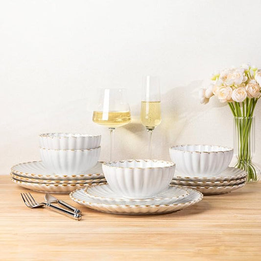 GBHOME Stoneware Dinnerware Sets for 4,Handcrafted Embossed Design Reactive Glaze Ceramic Plates and Bowls, Dishwasher and Microwave Safe, Service for 4(12pcs)