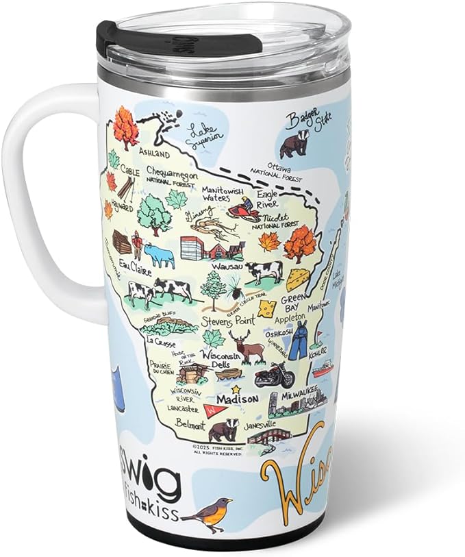 Swig Life 22oz Travel Mug, Insulated Tumbler with Handle and Lid, Travel Coffee Mug, Cup Holder Friendly, Stainless Steel 22 oz Tumbler, Reusable Insulated with Lid (Wisconsin)