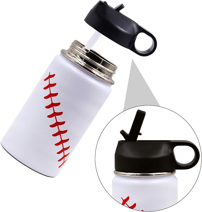 12 oz Baseball Water Bottle, Sports Flask Thermo Travel Tumbler with 2 Lids, Stainless Steel Double Wall Vacuum Leak Proof Insulated Water Bottles, Baseball Accessories Gifts for Boys 8-12 Player