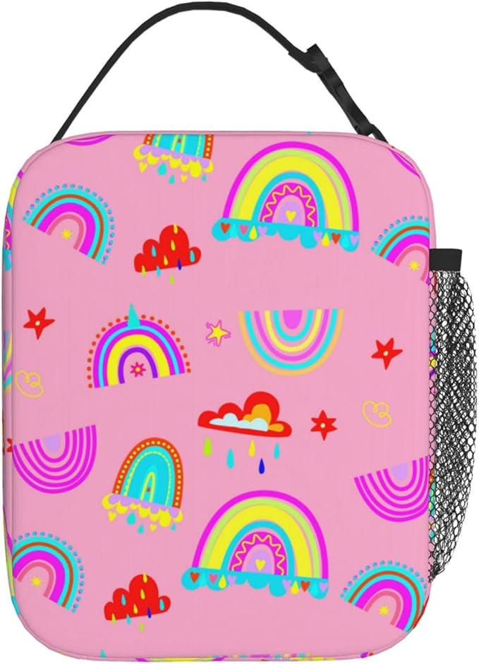Pink Rainbow Kid Lunch Bag Insulated Reusable Lightweight Water Resistant LunchBox with Water Bottle Holder for Boys Girls Lunch Tote