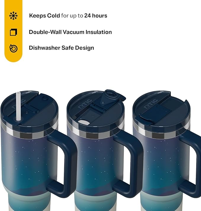 RTIC 40 oz Road Trip Tumbler Double-Walled Cermaic Lined Insulated Stainless Steel Portable Travel Coffee Mug Cup with Lid, Handle and Straw, Starry Night