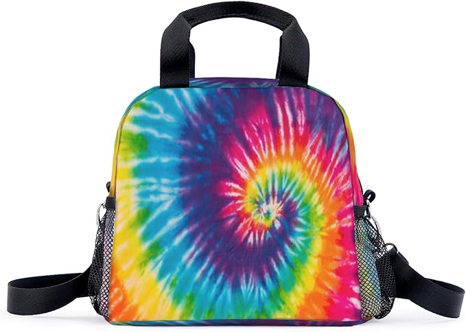 Tye Dye rainbow colors Lunch Bag for Women Men Cute Large Capacity Thermal Lunch Tote Reusable Washable with Adjustable Shoulder Strap and Dual Large Mesh Side Pockets