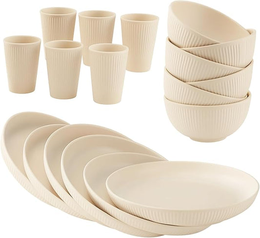 18 Pcs Wheat Straw Dinnerware Sets, Vertical Ribbed Dishware, Microwave Dishwasher Safe, BPA Free Unbreakable Dinner Plates, Bowls, Cups for Family Use