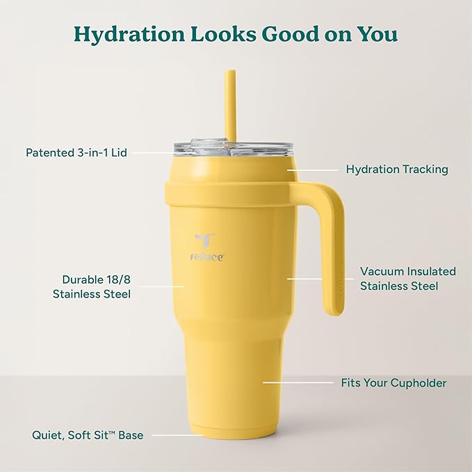 REDUCE 40 oz Stainless Steel Tumbler with Handle - Dual-Wall Vacuum Insulated Travel Mug, Sweat-Proof Lid & Reusable Straw - Keeps Drinks Cold for 24 Hrs, Fits Cupholders, Dishwasher Safe - Pineapple