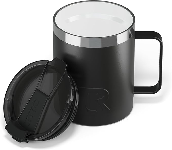 RTIC 12oz Essential Coffee Mug with Lid and Handle, Insulated, Ceramic Lined, Stainless Steel, Metal, Double Wall Vacuum-Insulation, Portable, Travel Cup for Hot and Cold Drink, Black
