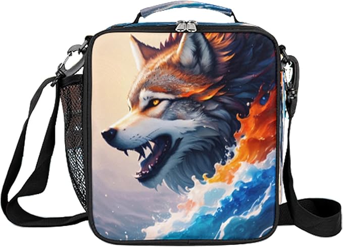 Wolf Lunch Bag for Kids, Colorful Ocean Wave Art Animal Wolf Boys Lunch Box, Reusable Insulated Waterproof Lunch Box with Adjustable Shoulder Strap Thermal Cooler Tote Bag for School Daycare Picnic