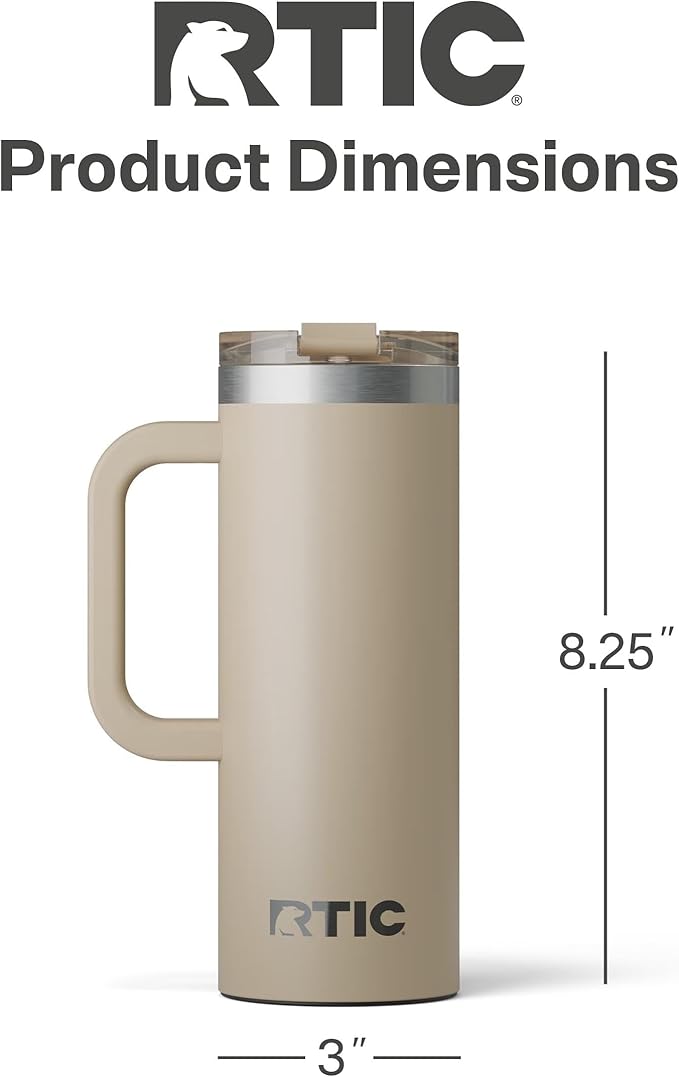 RTIC 20oz Road Trip Travel Mug with Lid and Handle, Ceramic Lined, Insulated, Stainless Steel, Metal, Double Wall Vacuum-Insulation, Portable Coffee, Tea Cup for Hot and Cold Drink, Beach
