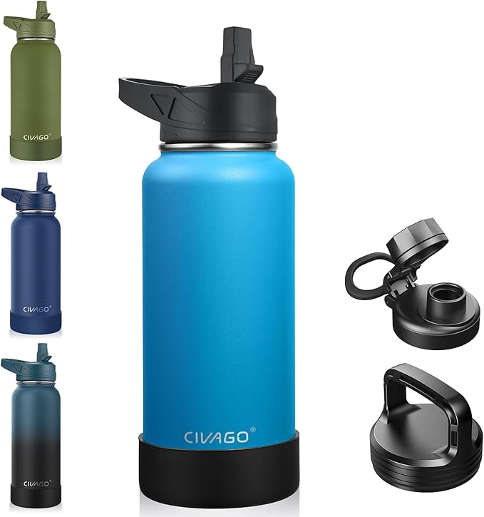 CIVAGO 32 oz Insulated Water Bottle With Straw, Stainless Steel Sports Water Cup Flask with 3 Lids (Straw, Spout and Handle Lid), Wide Mouth Travel Thermal Mug, Azure