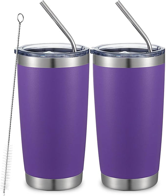 COMOOO 20oz Double Wall Vacuum Insulated Travel Mug, Stainless Steel Tumbler with Lid and Straw Durable Powder Coated Insulated Coffee Cup for Cold & Hot Drinks (Purple. 2 Pack