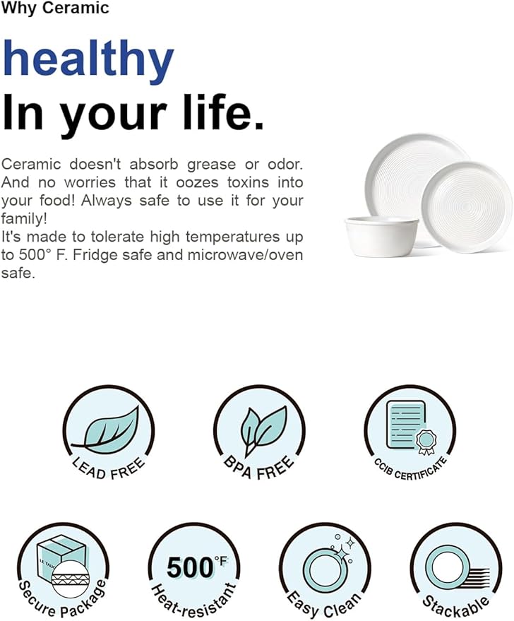 LE TAUCI 18-Piece Ceramic Dinnerware Set, Service for 6 – White Farmhouse Deeper Plates & Bowls (10" Dinner, 8" Salad, 6" Bowls), Stackable, Chip Resistant Stoneware Dishes