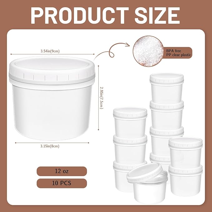 10 Pack 12oz Reusable Small Plastic Containers with Screw Lids, Small Food Storage Freezer Containers, Deli Containers Stackable Food Storage Jars, Sauce Condiment Jars Lunch Box Accessories
