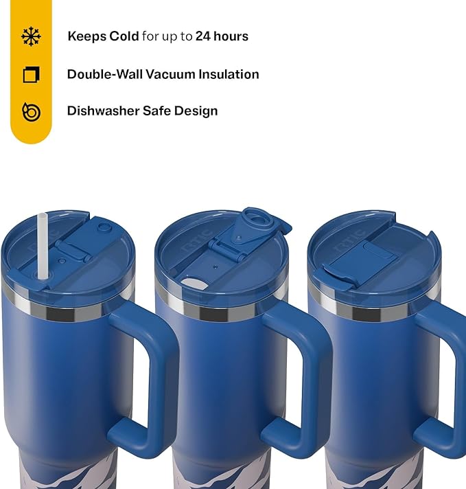 RTIC 40 oz Road Trip Tumbler Double-Walled Cermaic Lined Insulated Stainless Steel Portable Travel Coffee Mug Cup with Lid, Handle and Straw, Snowy Peak