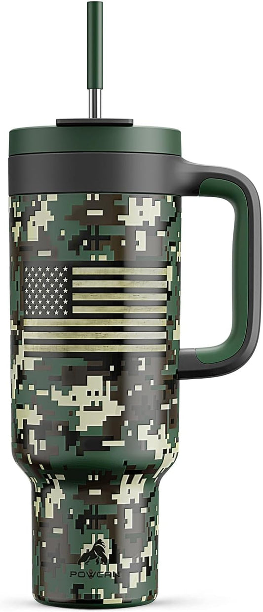 50 oz Camo Tumbler with Handle, 2-in-1 Straw and Sip Lid, Leakproof, Dishwasher Safe, Insulated Stainless Steel Travel Coffee Mug, Keeps Cold for 34 Hours, Fits in Car Cupholder (Woodland Flag)