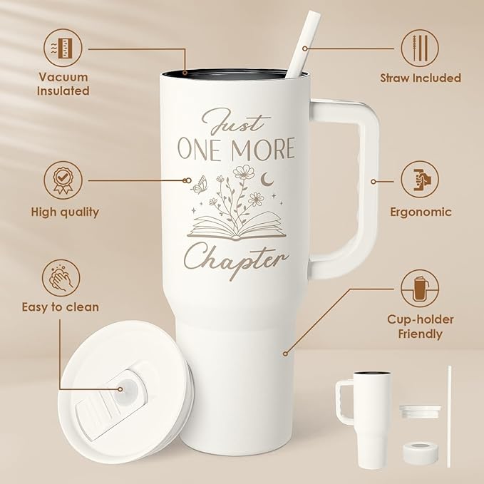 Book Lover Gifts for Women, Just One More Chapter Tumbler with Handle, Stainless Steel Insulated Coffee Travel Mug Cup, Gifts for Women Girls Bookworm on Christmas Birthday, 40oz