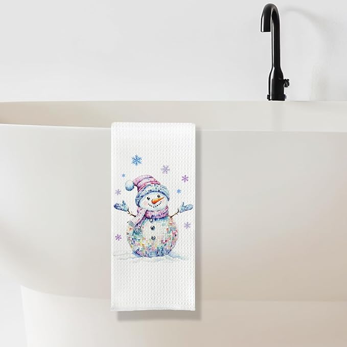 Trendy Disco Snowman Winter Kitchen Towels, Glitter Christmas Snowman Dish Tea Towels, Holiday Winter Snowflake Christmas Decorative Hand Towel for Kitchen Bathroom, 16x24 Inch