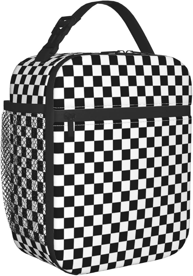 Black White Checkerboard Insulated Lunch Box Bag Portable Lunch Tote For Women Men And Kids