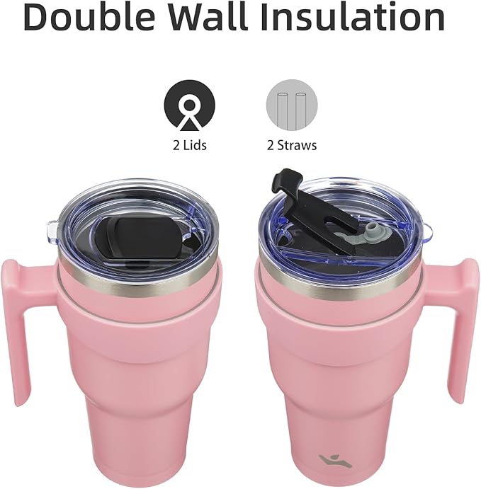 30 oz Tumbler with Handle and 2 Straw 2 Lid, Insulated Water Bottle Stainless Steel Vacuum Cup Reusable Travel Mug, Light Pink