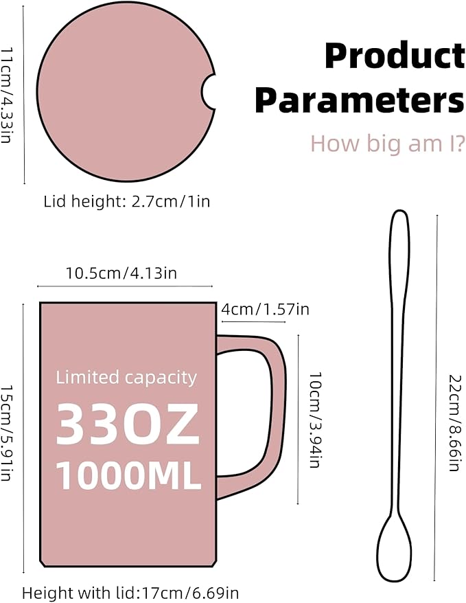 33 Ounce Coffee Mug, Extra Large Super Ceramic Mugs with Lid and Handle, Oversized Cups Big Tea Cup for Office and Home (Pink)