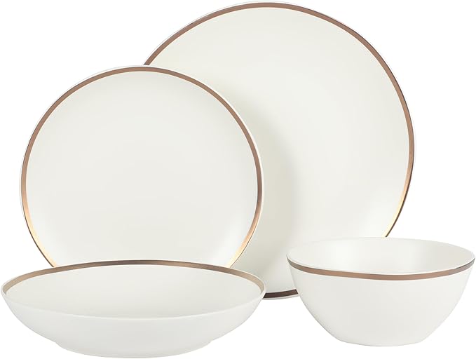 Gibson Elite Kings Road Double Plates and Bowl Organic Round Porcelain Chip and Scratch Resistant Dinnerware Set - Matte White w/Gold Rim