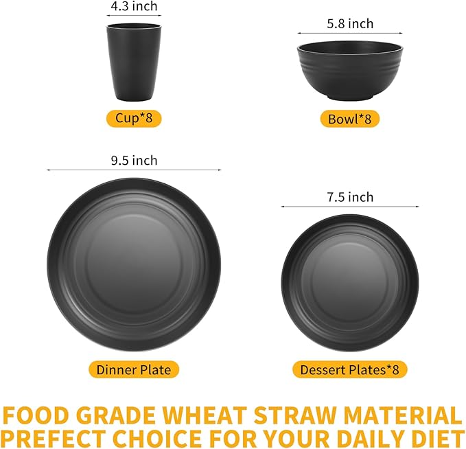 Lazycorner 32Pcs Kitchen Wheat Straw Dinnerware Set, Service for 8, Plastic Reuasble Dinner Dishes Serving Plate Set for Kitchen, Including Dinner Plate, Dessert Plate, Bowl, Cup(Black)