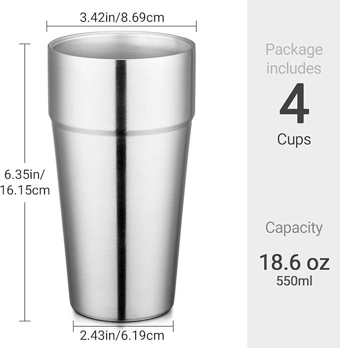 Beasea Stainless Steel Cups 19 oz, 4 Pack Large 18.6oz 550ml Stackable Stainless Steel Tumbler Double Wall Insulated Individual Metal Pint Glasses Tin Drinking Cups for Home Party Camping