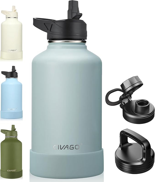 CIVAGO 64 oz Insulated Water Bottle With Straw, Half Gallon Stainless Steel Sports Water Flask Jug with 3 Lids (Straw, Spout and Handle Lid), Large Metal Thermal Cup Mug, Sage