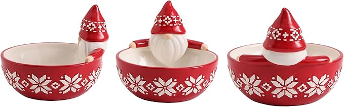 Bico Red Gnome Ceramic Candy Bowl, 17oz – Hand-Painted Holiday Treat Bowl, Christmas Decorative Dish for Candy, Jam, or Sauce – Microwave & Dishwasher Safe