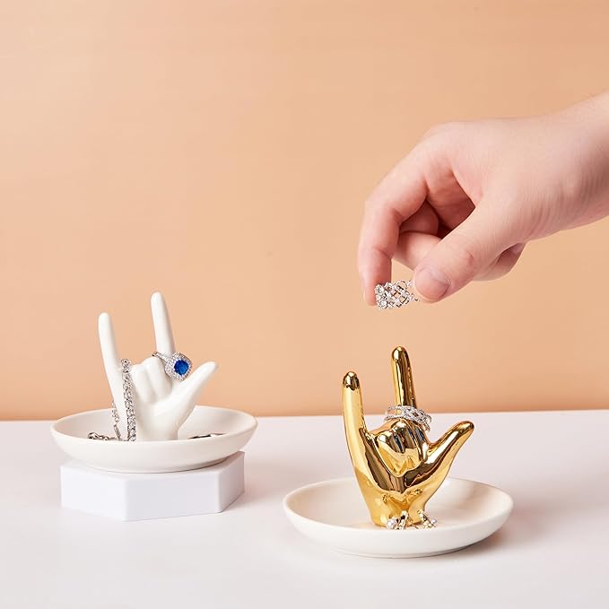 Set of 2 Hand Ring Holder, I Love You Hand Shape Jewelry Dish for Wedding Engagement, Trinket Tray Gifts for Women Her Birthday Christmas Valentines