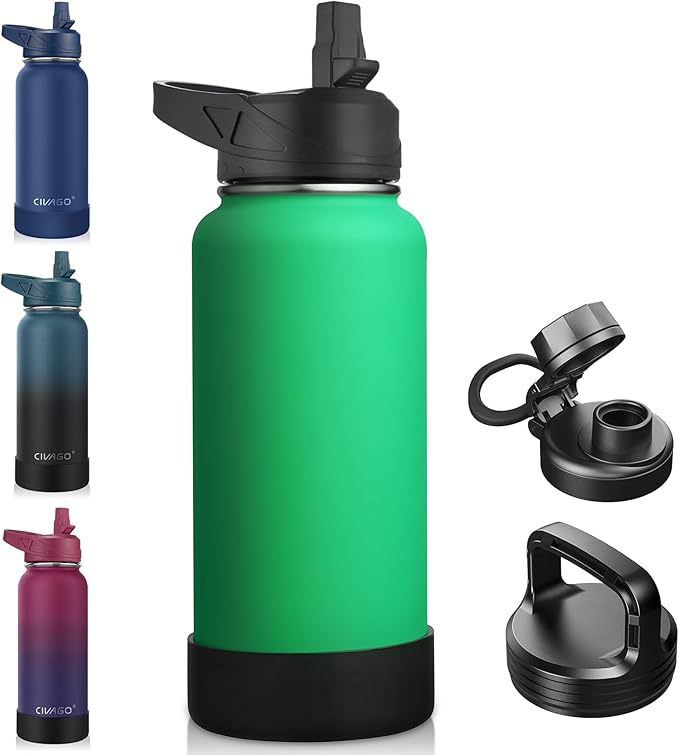 CIVAGO 32 oz Insulated Water Bottle With Straw, Stainless Steel Sports Water Cup Flask with 3 Lids (Straw, Spout and Handle Lid), Wide Mouth Travel Thermal Mug, Meadow
