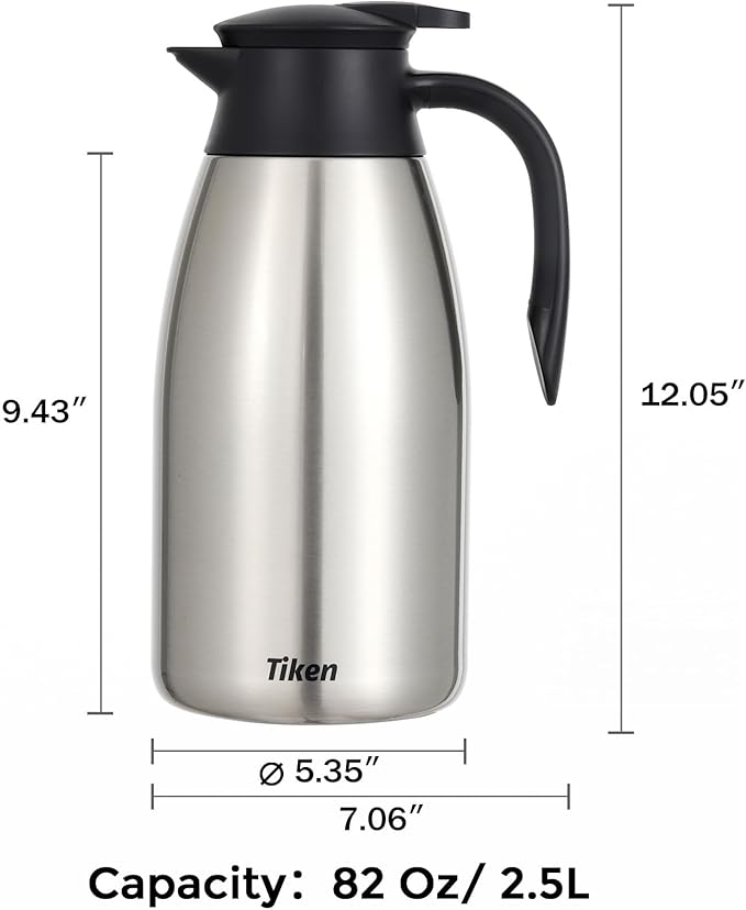 Tiken 85 Oz Thermal Coffee Carafe, Stainless Steel Insulated Vacuum Coffee Carafes For Keeping Hot, 2.5 Liter Beverage Dispenser (Silver)