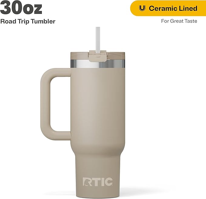 RTIC 30 oz Road Trip Tumbler Double-Walled Ceramic Lined InsulatedStainless Steel Portable Travel Coffee Mug Cup with Lid, Handle and Straw, Beach