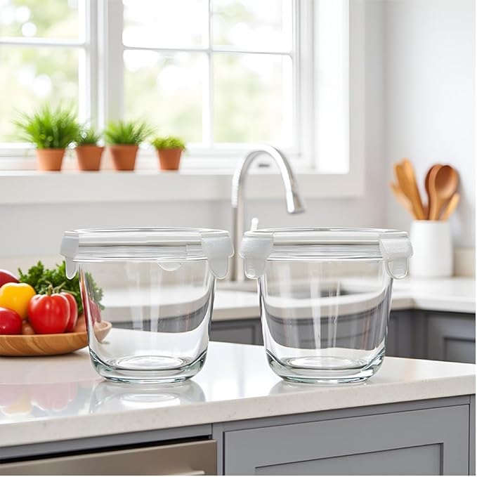 24 Oz Round Glass Soup Storage Container with lids, 3 Cup Glass Food Container with Airtight Lids, Leakproof Round Food Bowls for soup, leftovers, freezer/Oven/Dishwasher Safe - (2 Pack)